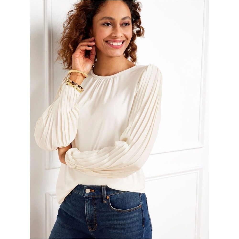 Talbots Ivory Pleated-Sleeve Crewneck Blouse